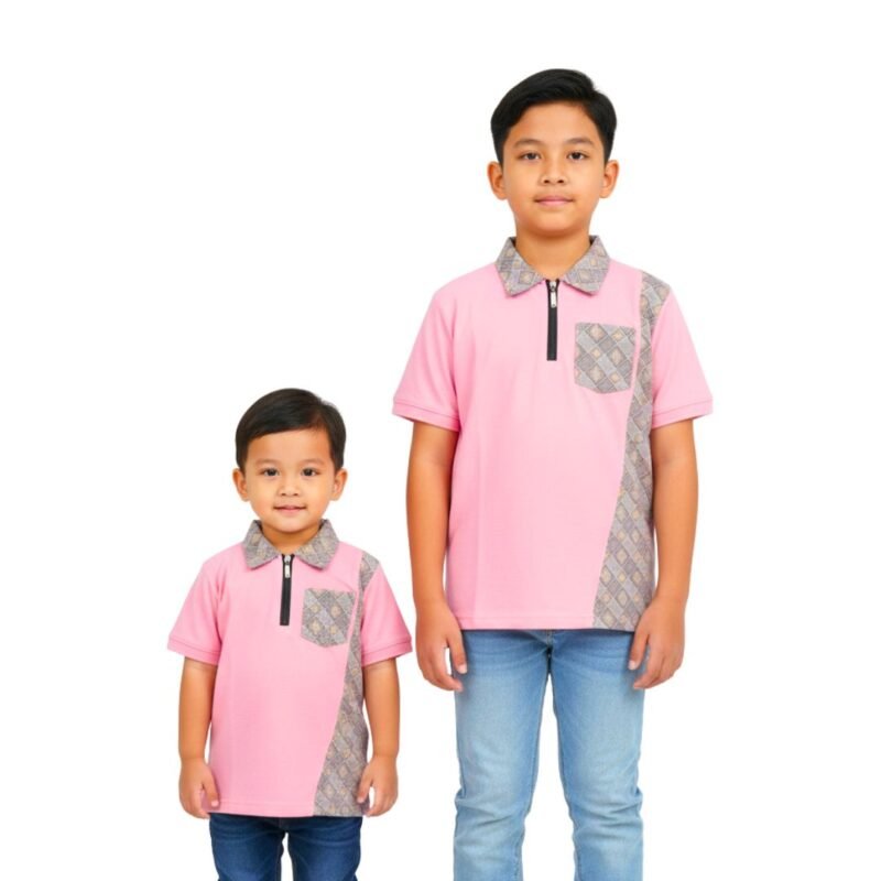 Boys pink zip polo shirt in PK polo fabric with Tencil contrast collar, pocket and side panel for 2-16 years