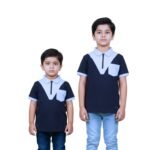 Boys navy blue zip polo shirt with light blue contrast collar and pocket for 2-16 years