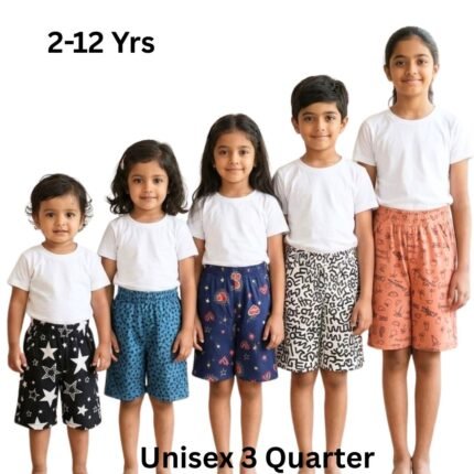 Kids unisex 3 quarter combo pack with 5 printed cotton shorts for boys and girls age 2 to 12 years