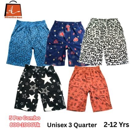 Kids unisex 3 quarter combo pack with 5 printed cotton shorts for boys and girls age 2 to 12 years