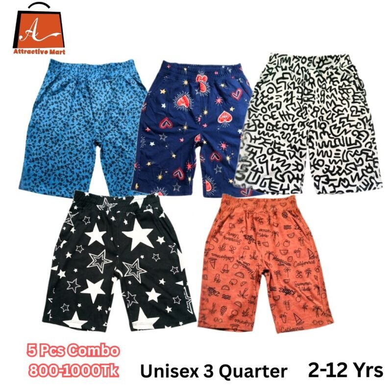 Kids unisex 3 quarter combo pack with 5 printed cotton shorts for boys and girls age 2 to 12 years