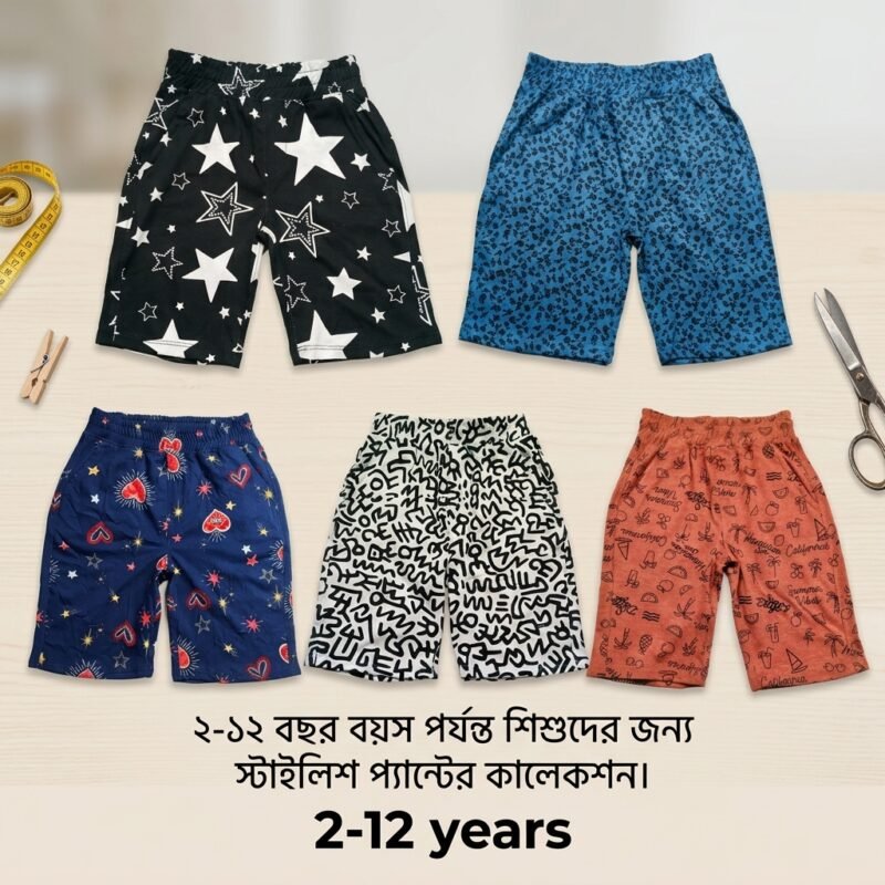 Kids unisex 3 quarter combo pack with 5 printed cotton shorts for boys and girls age 2 to 12 years