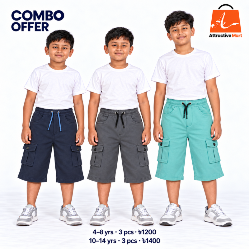 Attractive Mart বাচ্চাদের কার্গো থ্রি-কোয়ার্টার প্যান্ট – Navy, Charcoal, Pastel ৩ রঙ