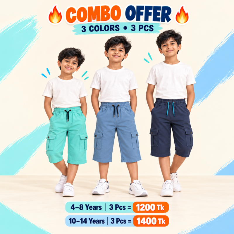 Attractive Mart বাচ্চাদের কার্গো থ্রি-কোয়ার্টার প্যান্ট – Navy, Charcoal, Pastel ৩ রঙ
