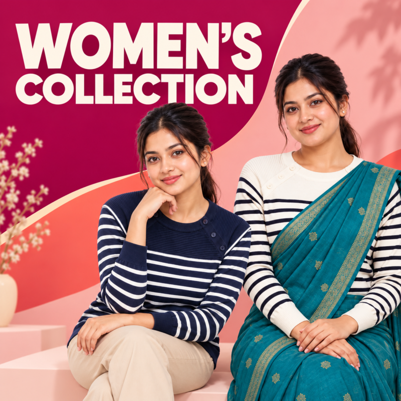 নেভি ও ক্রিম সোয়েটার পরা দুই নারীসহ Attractive Mart-এর Women’s Collection ব্যানার