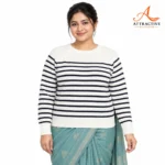 Cream রঙের লেডিস স্ট্রাইপ সোয়েটার, Navy স্ট্রাইপ ও কাঁধে বোতাম – Attractive Boutique