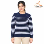 Navy রঙের লেডিস স্ট্রাইপ সোয়েটার, কাঁধে বোতাম ও গোল গলা – Attractive Boutique