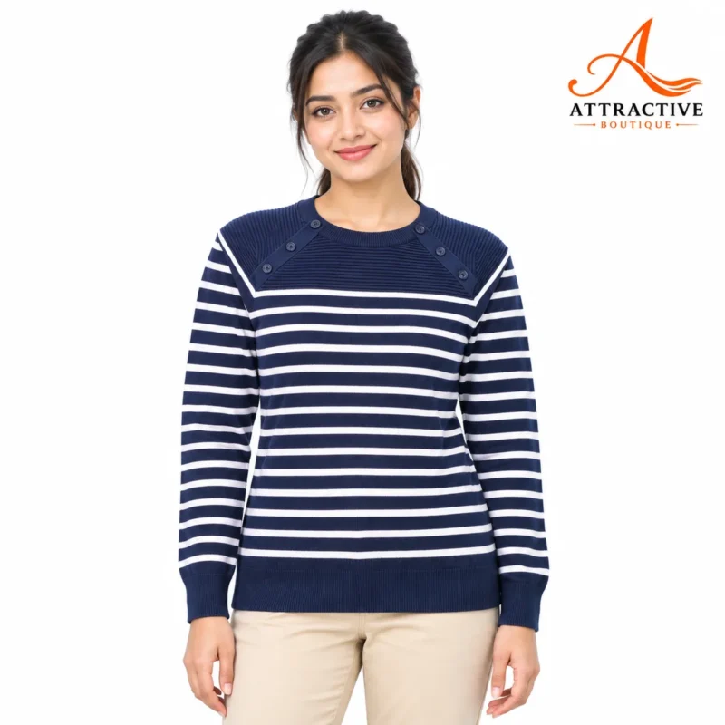 Navy রঙের লেডিস স্ট্রাইপ সোয়েটার, কাঁধে বোতাম ও গোল গলা – Attractive Boutique