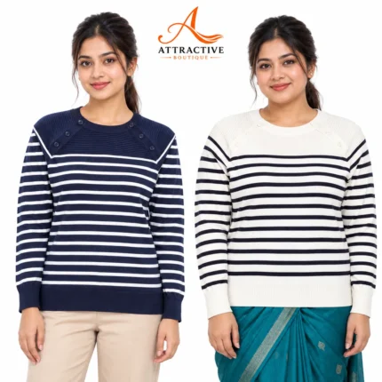 Attractive Boutique লেডিস স্ট্রাইপ সোয়েটার Navy ও Cream দুই রঙে – মেয়েদের শীতের ফুল হাতা সোয়েটার