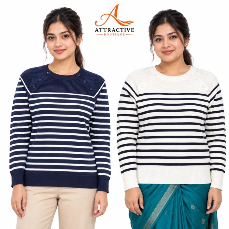 Attractive Boutique লেডিস স্ট্রাইপ সোয়েটার Navy ও Cream দুই রঙে – মেয়েদের শীতের ফুল হাতা সোয়েটার